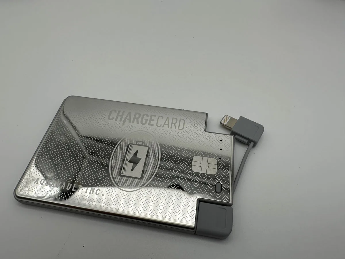ChargeCard built-in Lightning USB-C and Micro-USB connectors on a stainless-steel card