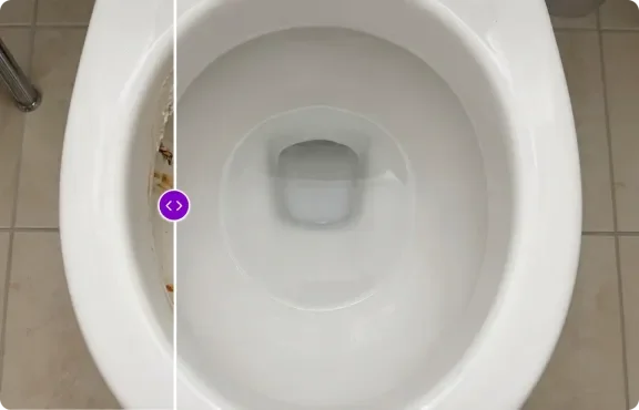 Before and after toilet bowl with Fuugu foam removing mineral stains