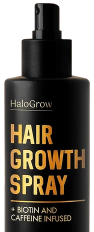 HaloGrow Hair Spray bottle — scalp recovery serum label with ingredient claims to verify