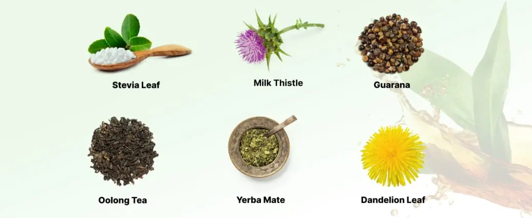 Loose herbs from the Lulutox ingredient list, including green tea, ginger, and dandelion root