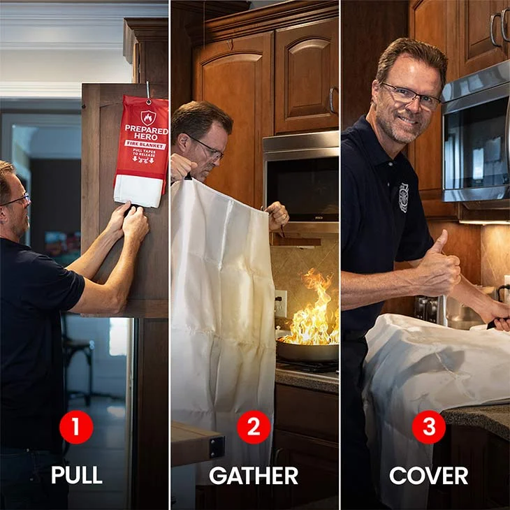 Prepared Hero fire blanket pull-tab deployment steps illustrated